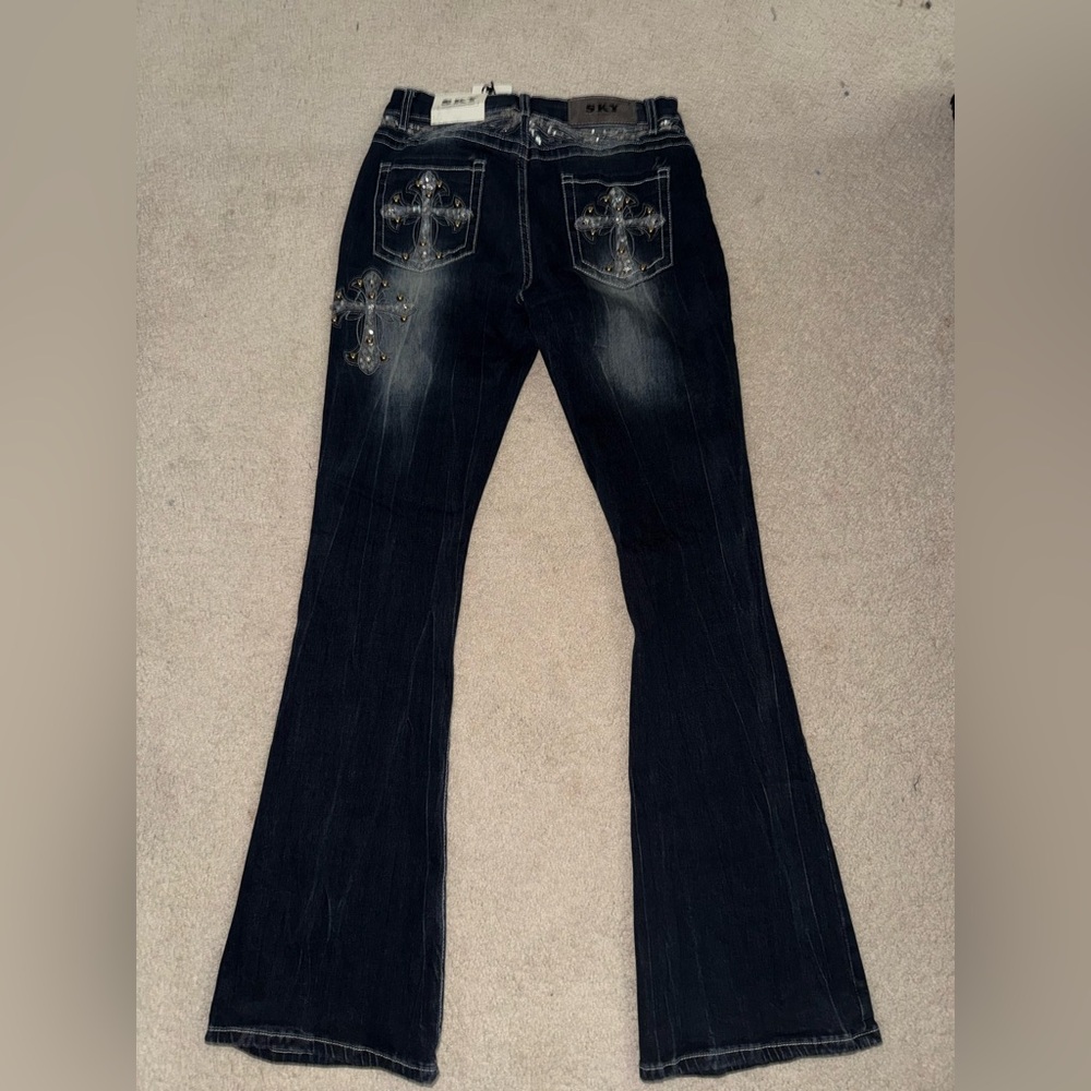 Sky Dark Embellished Flare Jeans